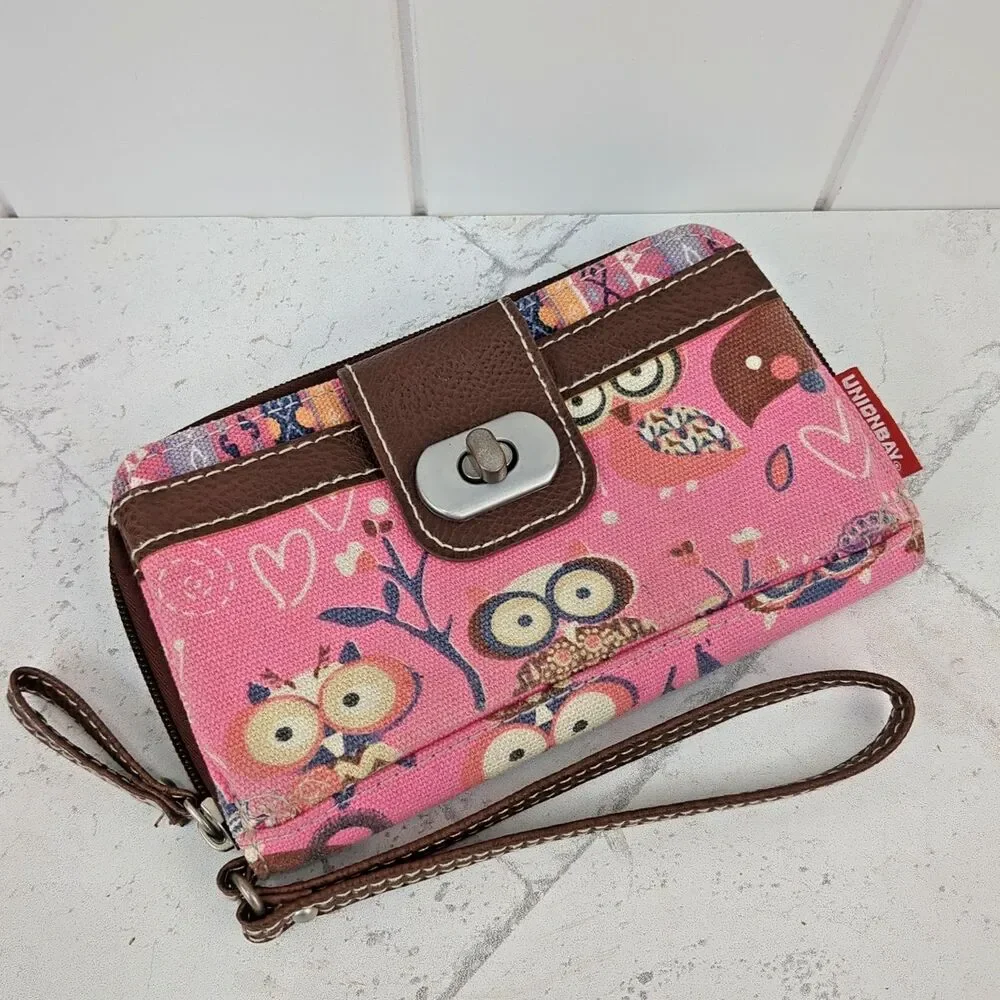 UNIONBAY Owls Canvas Fabric Pink & Brown Wristlet Wallet